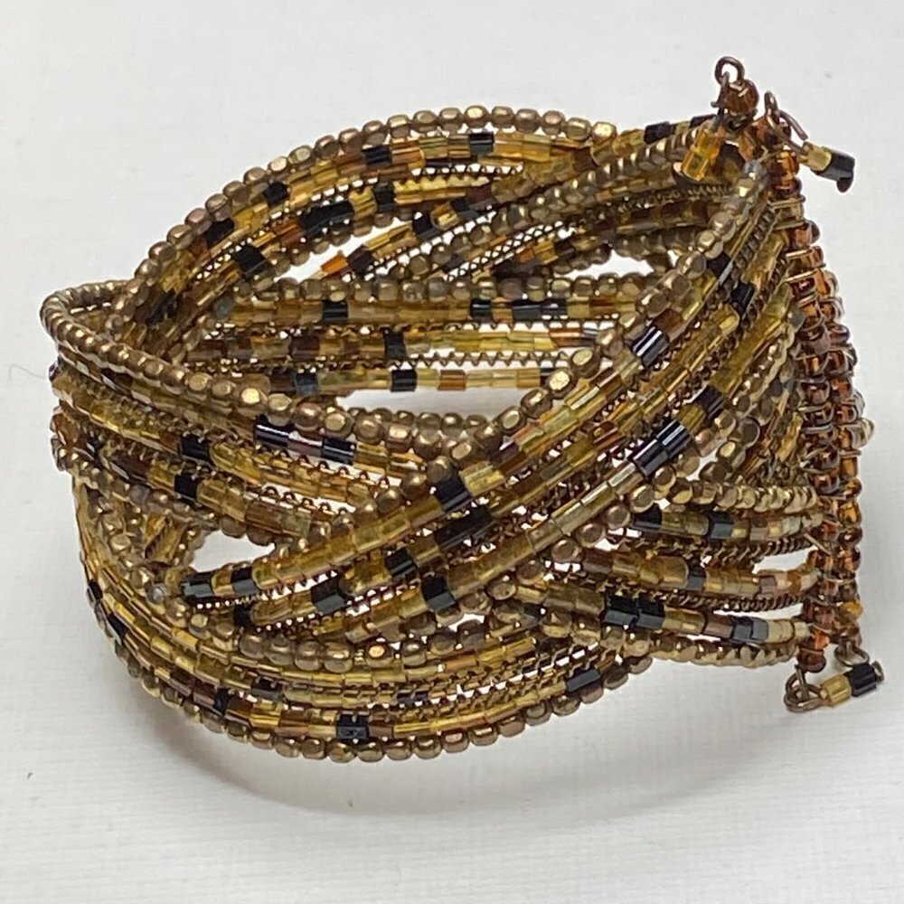 Gold Beaded Boho Style Cuff Stretch Bracelet